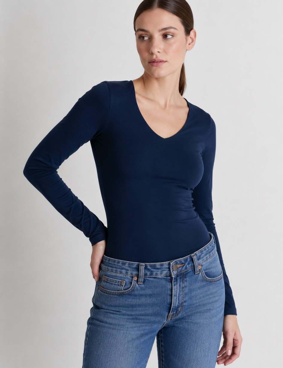 Polo Valeria Manga Larga - Cuello V - Modelador