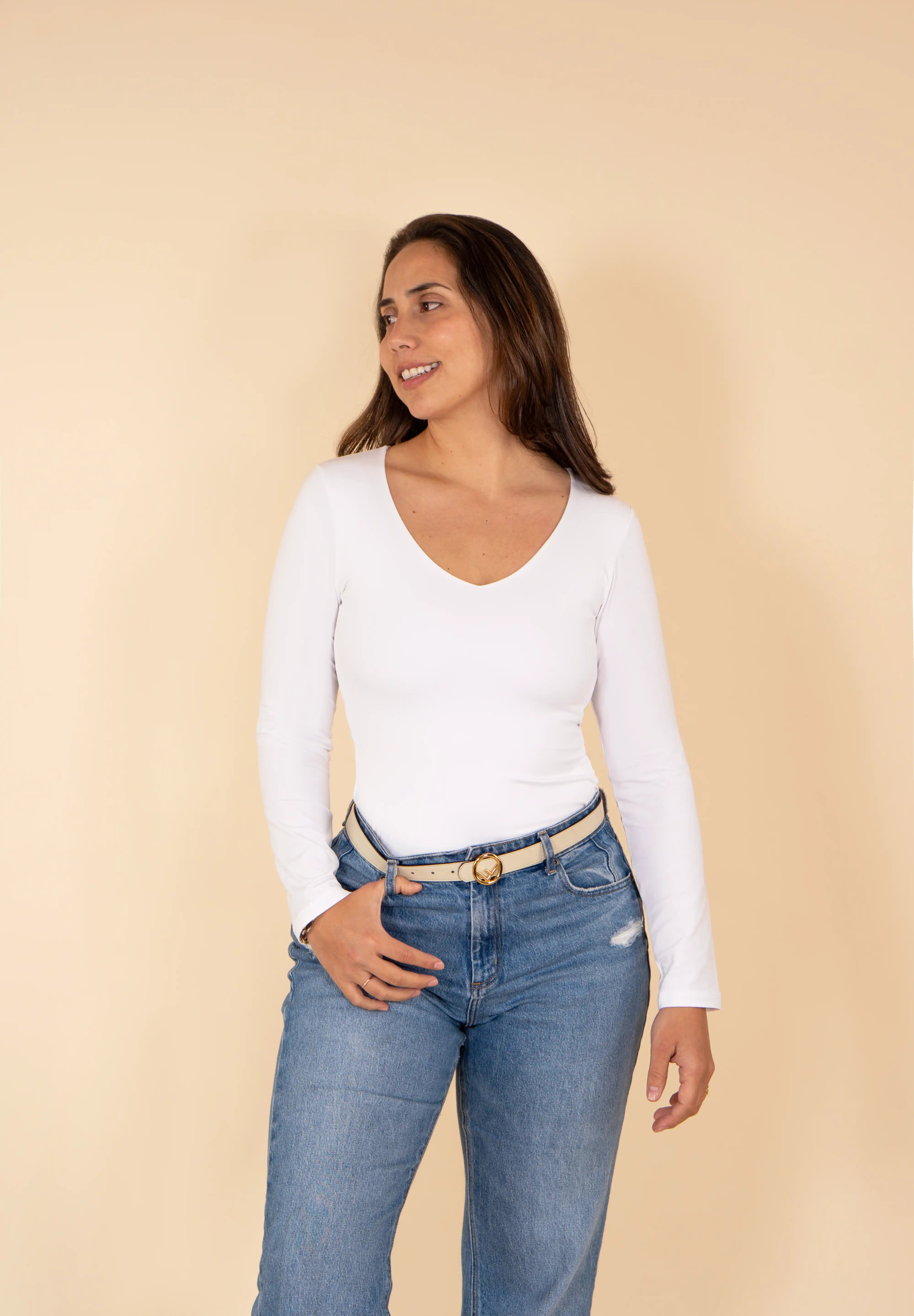 Polo Valeria Manga Larga - Cuello V - Modelador